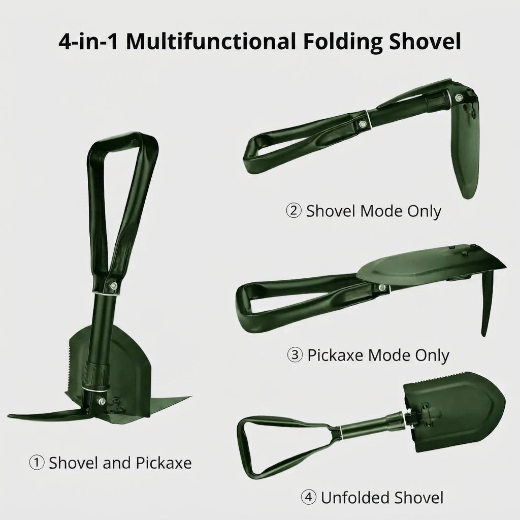 4-in-1 folding shovel - Steel camping spade with compact design