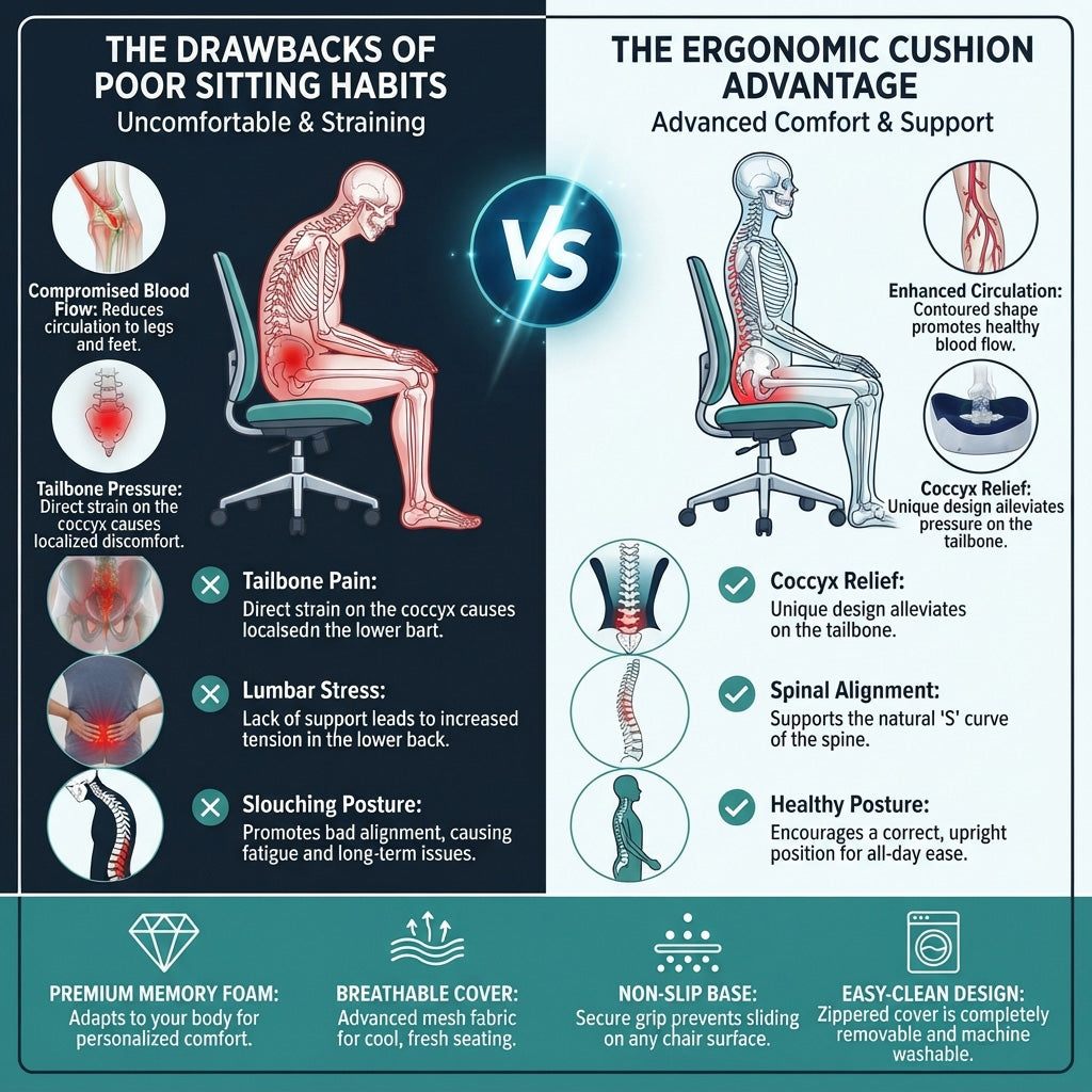 Ergonomic memory foam seat cushion - Tailbone, hip & back support