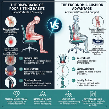 Ergonomic memory foam seat cushion - Tailbone, hip & back support