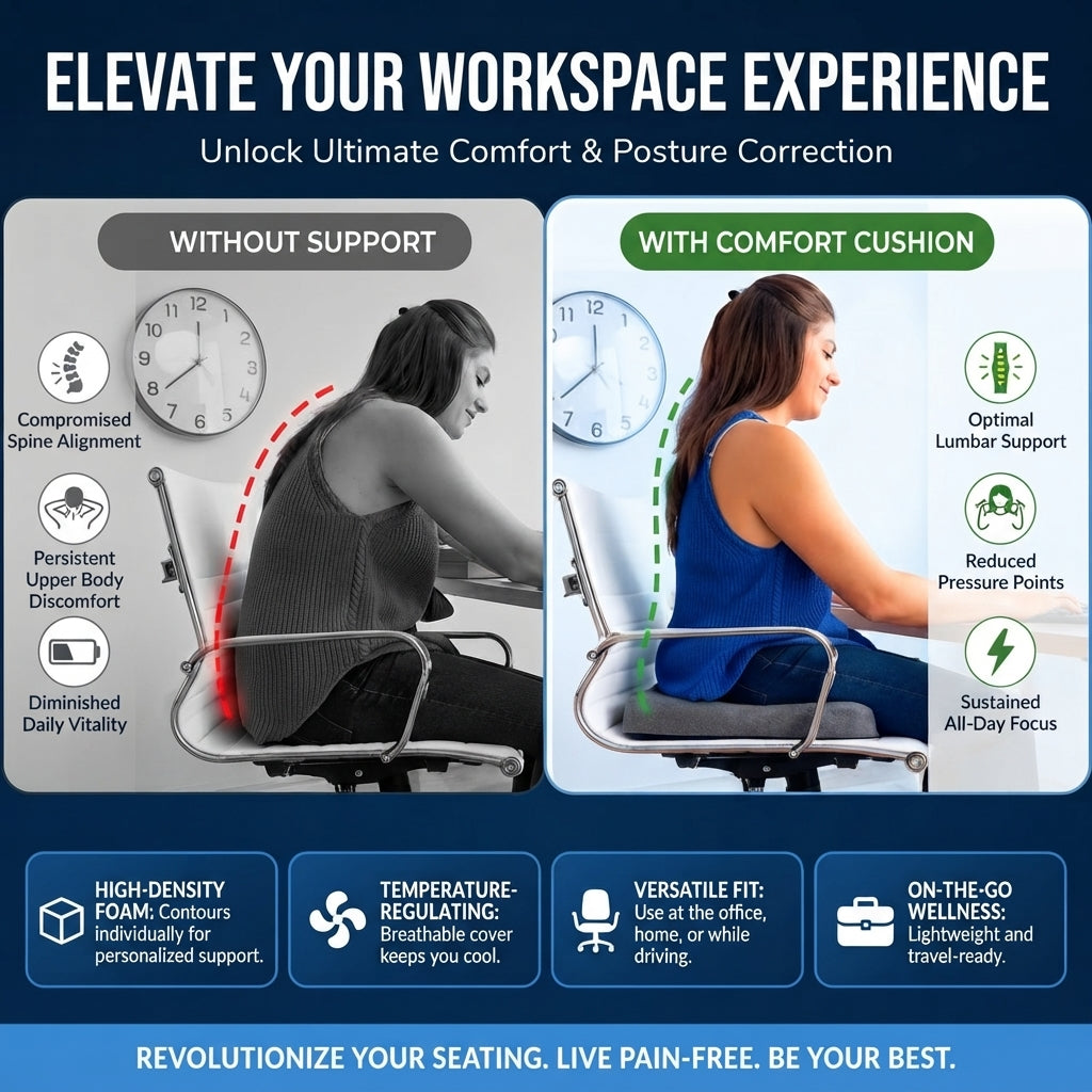 Ergonomic memory foam seat cushion - Tailbone, hip & back support