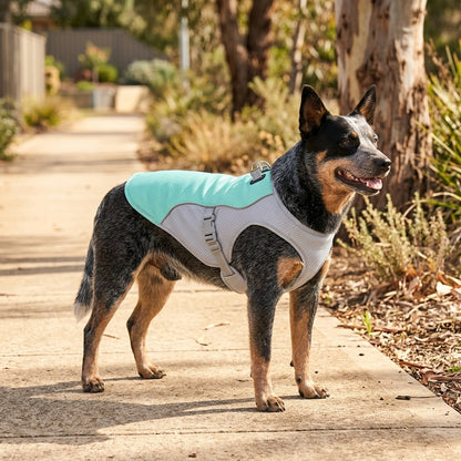Cooling dog vest with adjustable harness for warm weather comfort