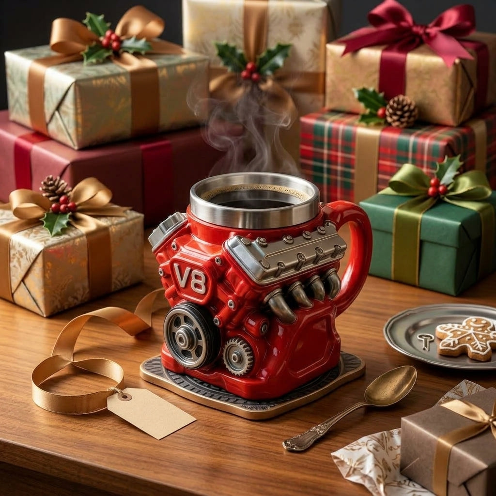 Retro motorcycle coffee mug with double-wall insulation