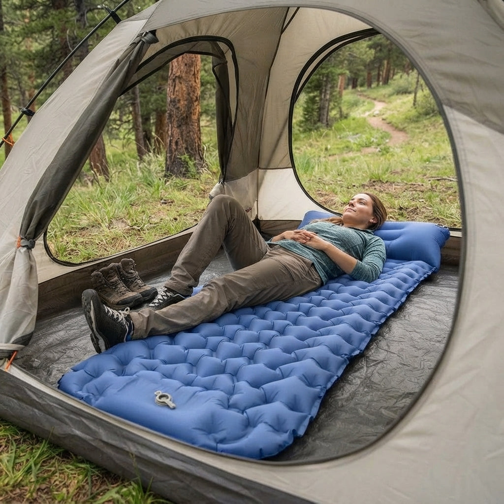 Inflatable camping mattress - Ultralight design with built-in pump