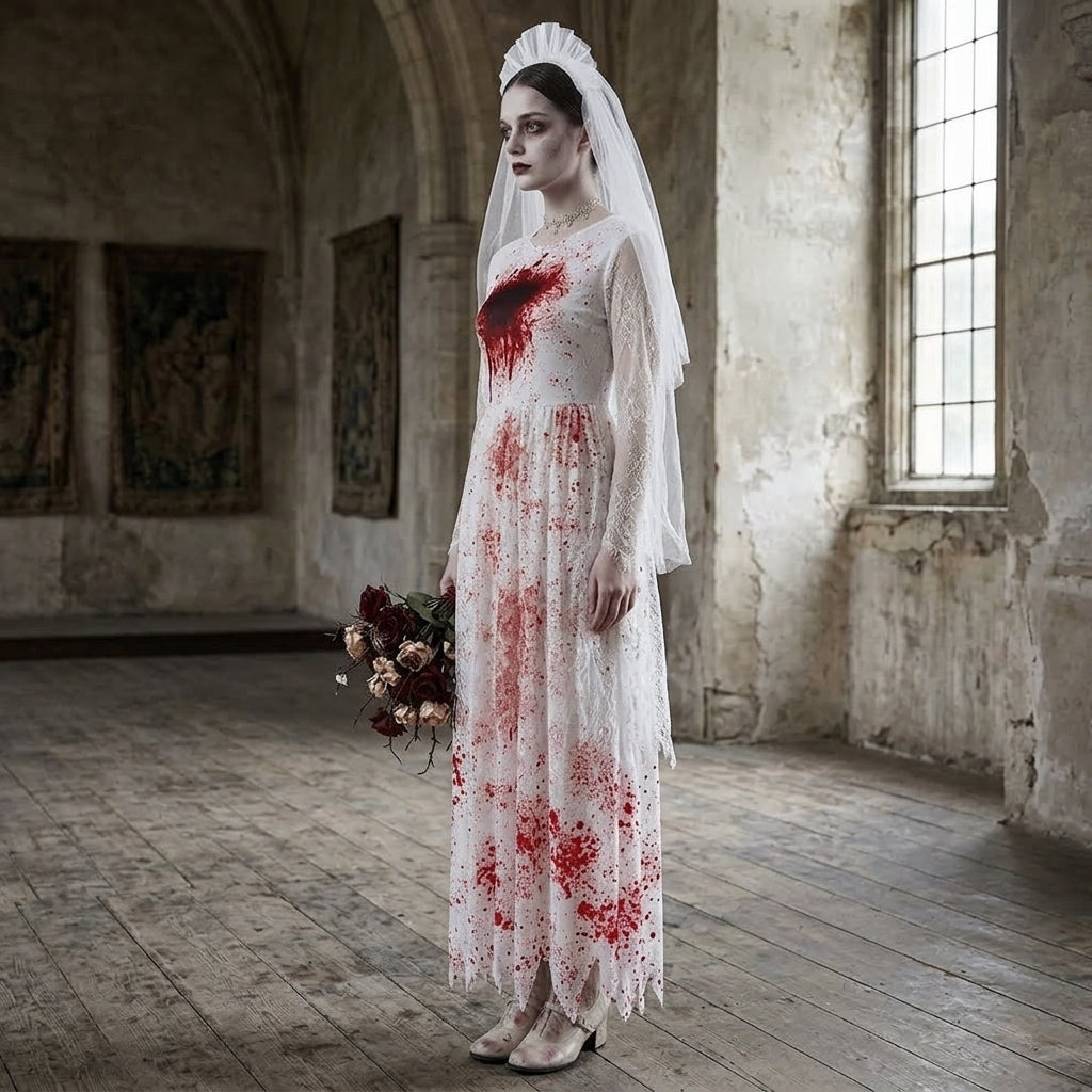 Ghost bride Halloween costume dress with headdress