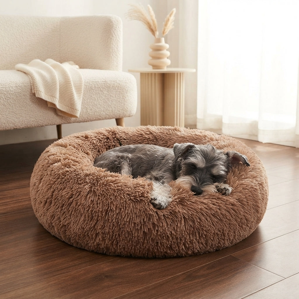 Calming dog bed with removable cover and soft plush filling