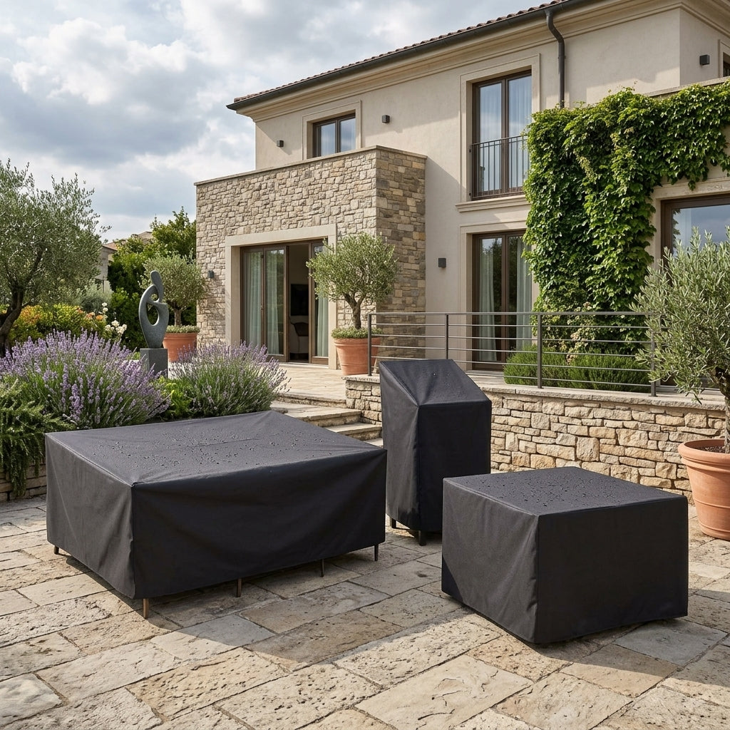 Outdoor furniture cover in waterproof polyester for rain and sun