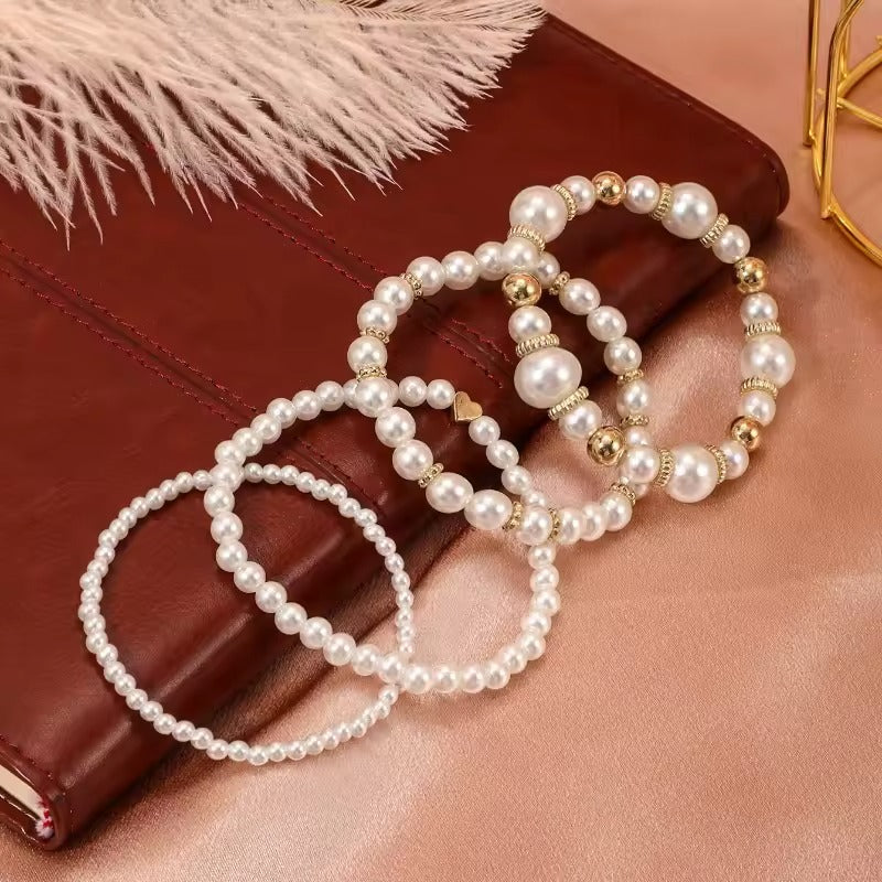 Women's faux pearl heart bracelet set | 4-piece elegant beaded jewellery