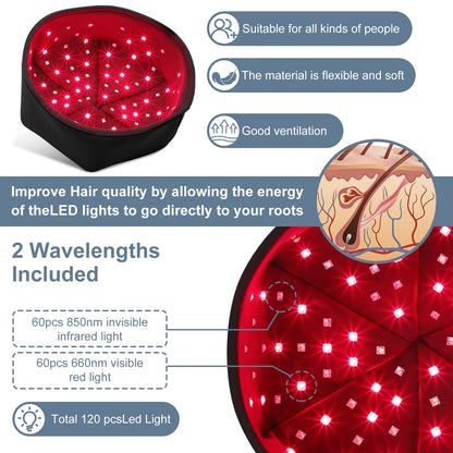 Infrared phototherapy cap with red light for scalp and hair care