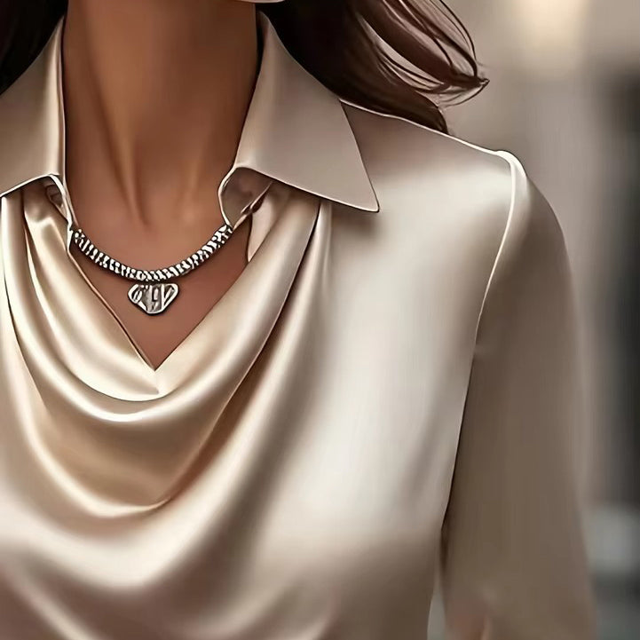 Women’s satin blouse with draped collar and relaxed fit