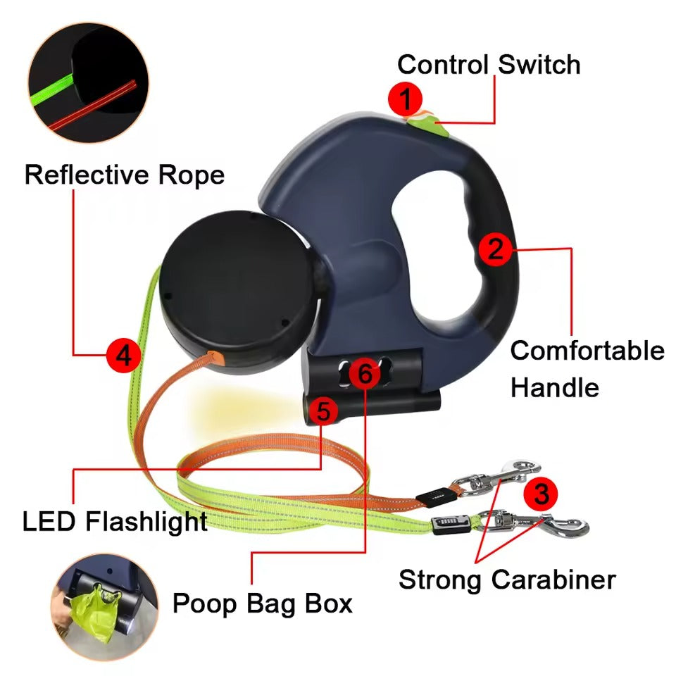 3-in-1 double dog lead with 360° rotation, LED light & bag holder