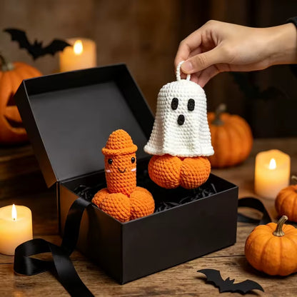 Crocheted Halloween pumpkin decoration for seasonal display