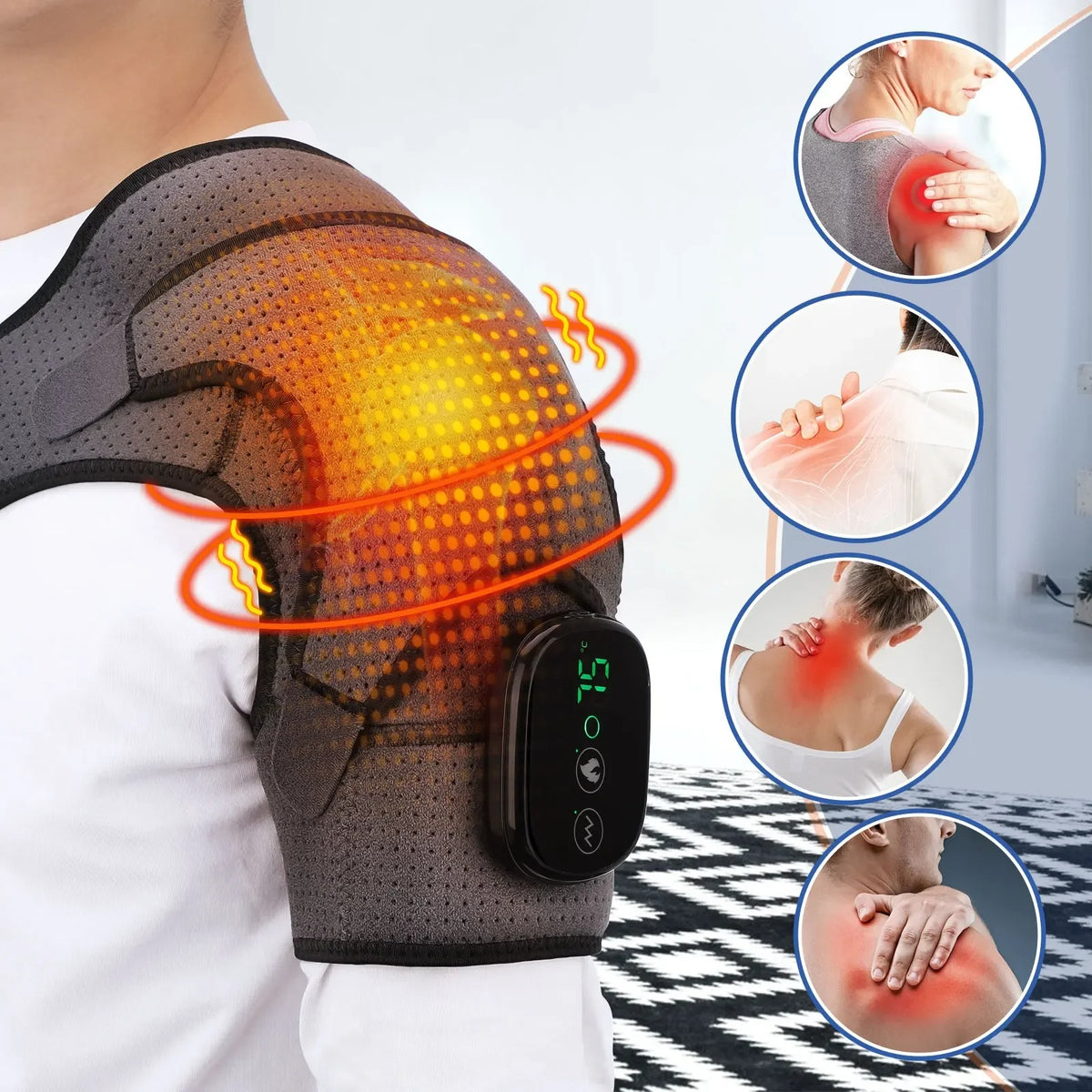 Heated shoulder therapy wrap - Adjustable heat and gentle massage for comfort