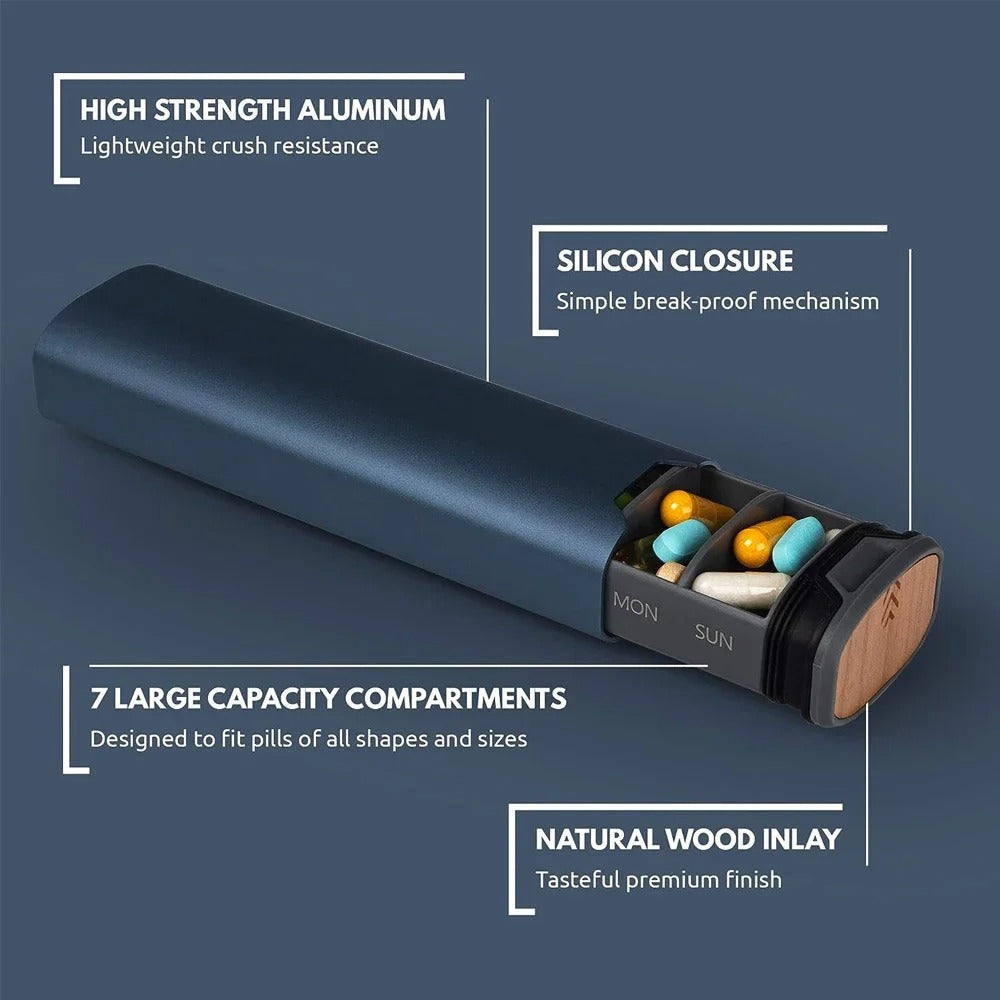 7-day pill organiser - Aluminium and wood, compact portable design