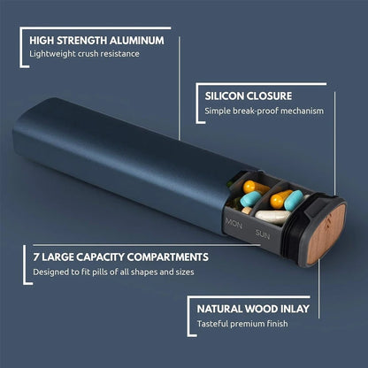 7-day pill organiser - Aluminium and wood, compact portable design