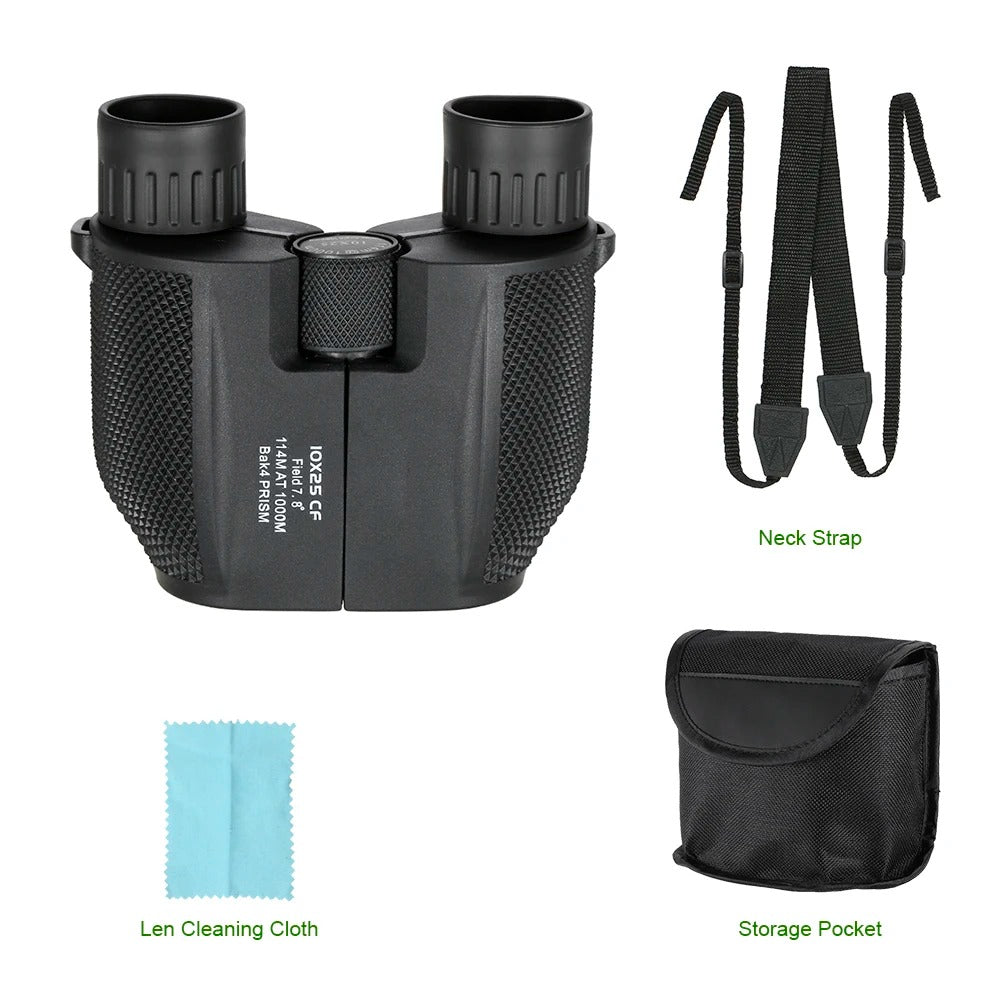 Compact 10x binoculars with BAK4 prism for hiking and nature viewing
