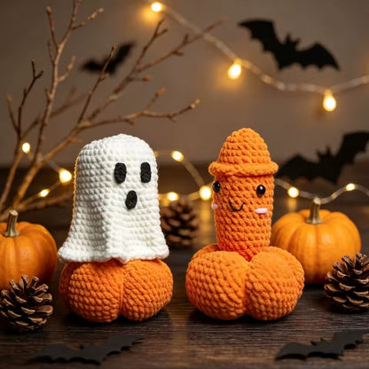 Crocheted Halloween pumpkin decoration for seasonal display