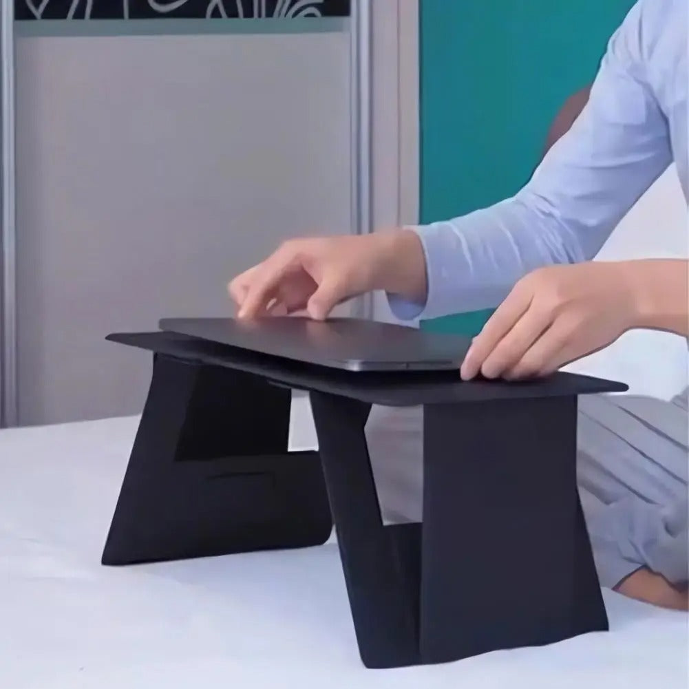 Foldable wooden laptop stand with adjustable height and viewing angle
