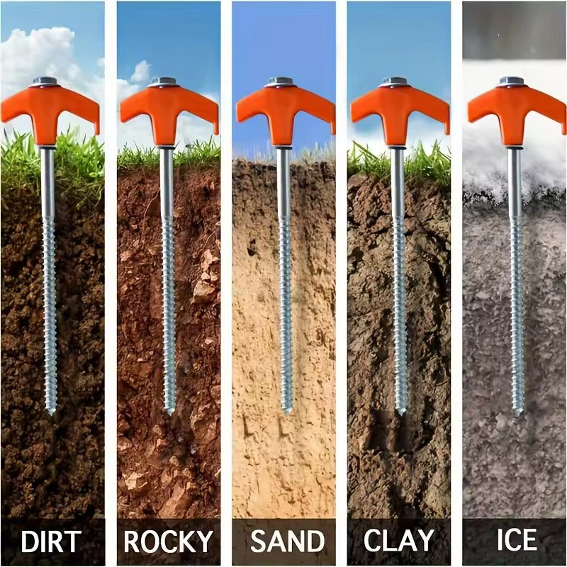 Heavy-duty screw-in tent pegs for secure outdoor anchoring