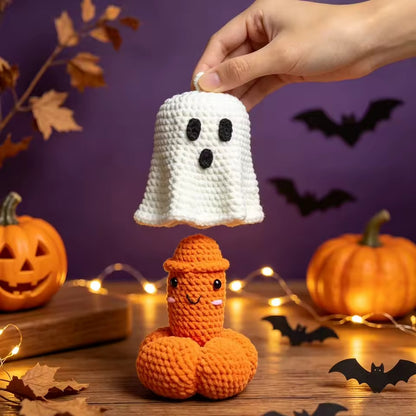 Crocheted Halloween pumpkin decoration for seasonal display