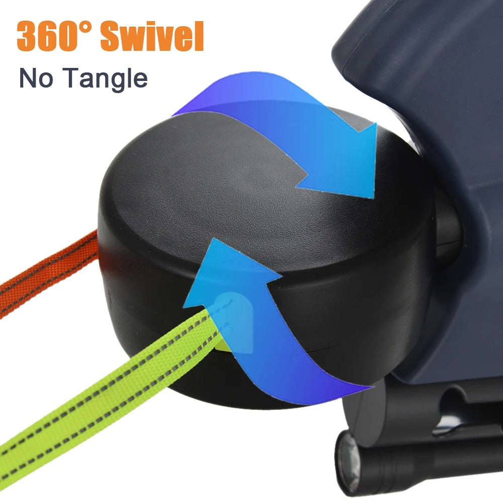 3-in-1 double dog lead with 360° rotation, LED light & bag holder