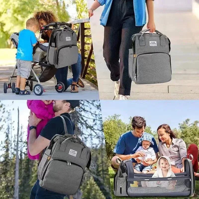 Multifunctional baby changing backpack with portable cot and insulated pockets