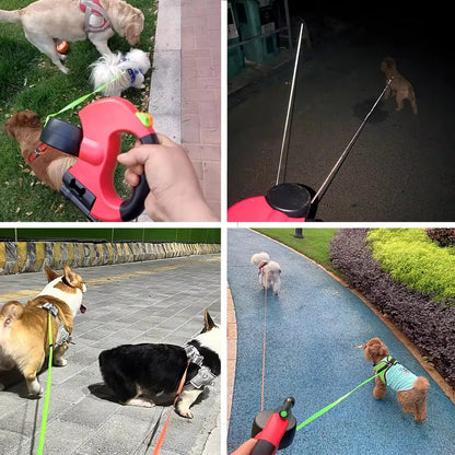 3-in-1 double dog lead with 360° rotation, LED light & bag holder