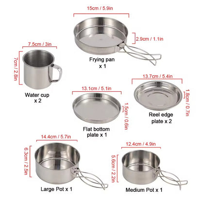 Camping cookware set - Compact stainless steel mess kit with 8 pieces