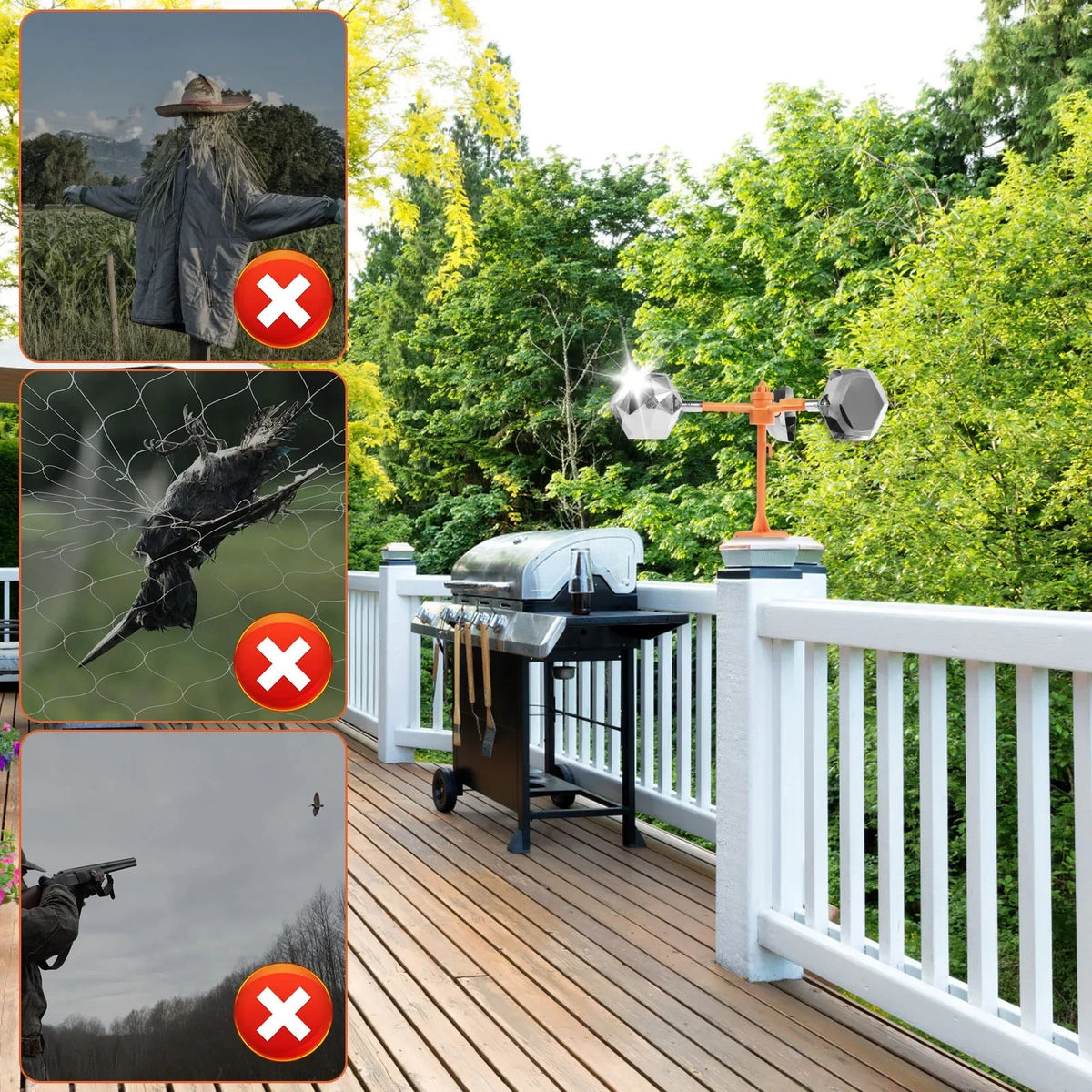 Wind-powered bird deterrent reflector with rotating sound box