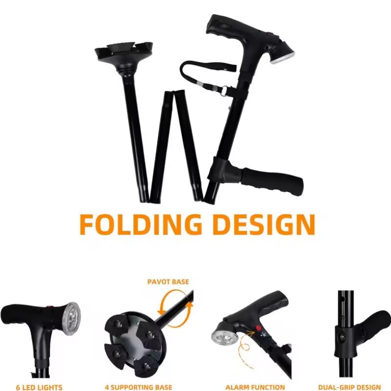 Multi-functional folding walking cane - LED light and stable base