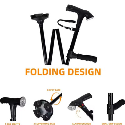 Multi-functional folding walking cane - LED light and stable base