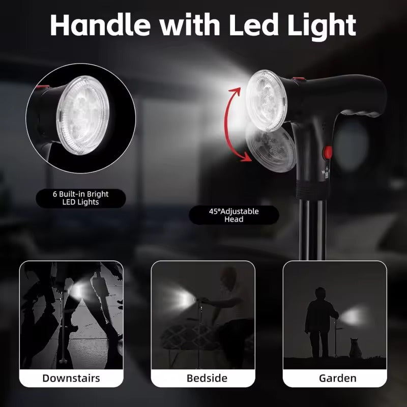 Multi-functional folding walking cane - LED light and stable base