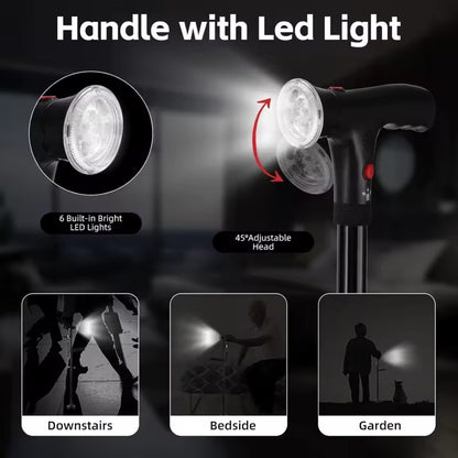 Multi-functional folding walking cane - LED light and stable base