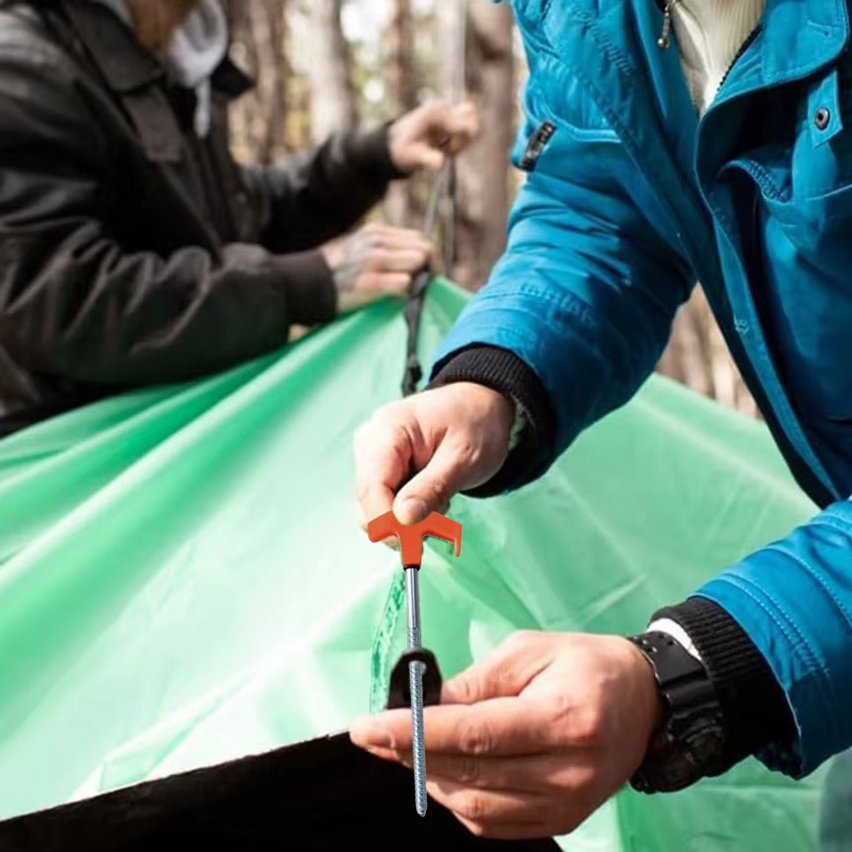 Heavy-duty screw-in tent pegs for secure outdoor anchoring