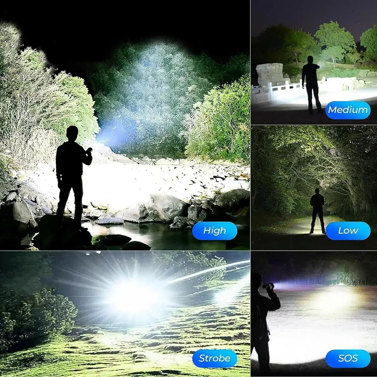 Rechargeable LED flashlight with 100 000 lumen output and zoom