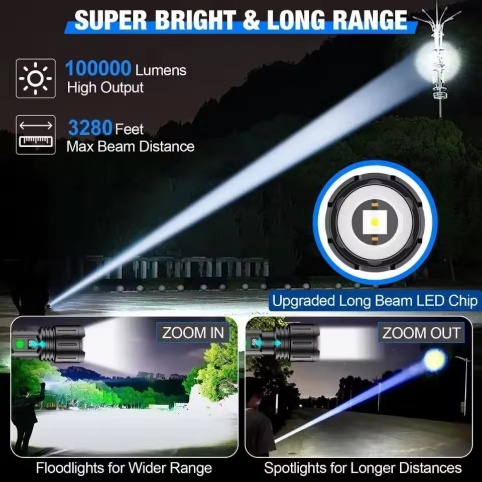 Rechargeable LED flashlight with 100 000 lumen output and zoom