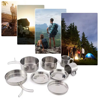 Camping cookware set - Compact stainless steel mess kit with 8 pieces