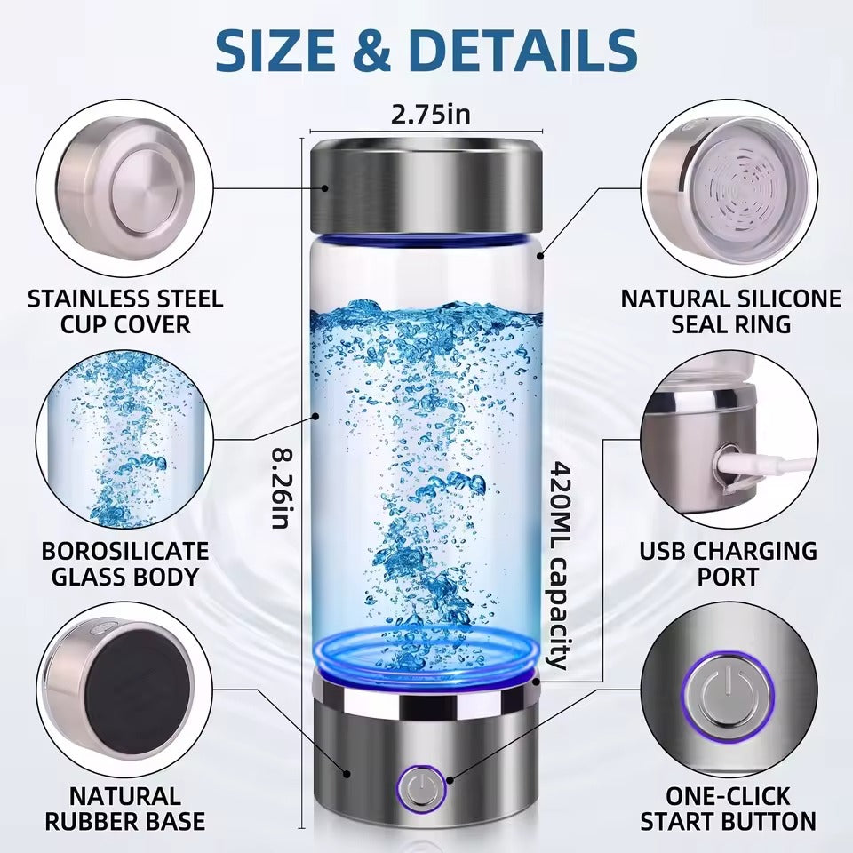 Hydrogen water bottle with portable wellness and easy hydration