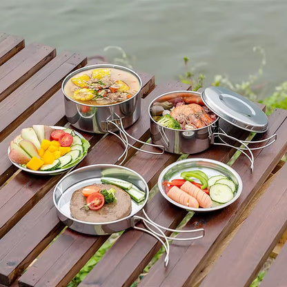 Camping cookware set - Compact stainless steel mess kit with 8 pieces
