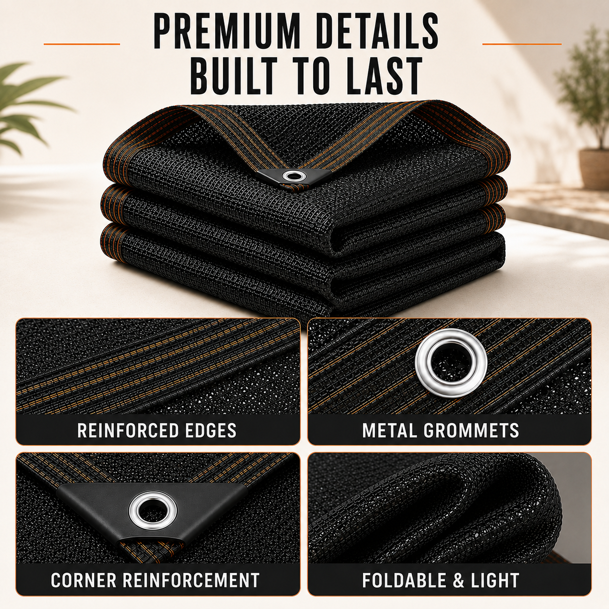Elsie Heavy Duty Shade Cloth - Reinforced Taped Edges with Metal Grommets, Black