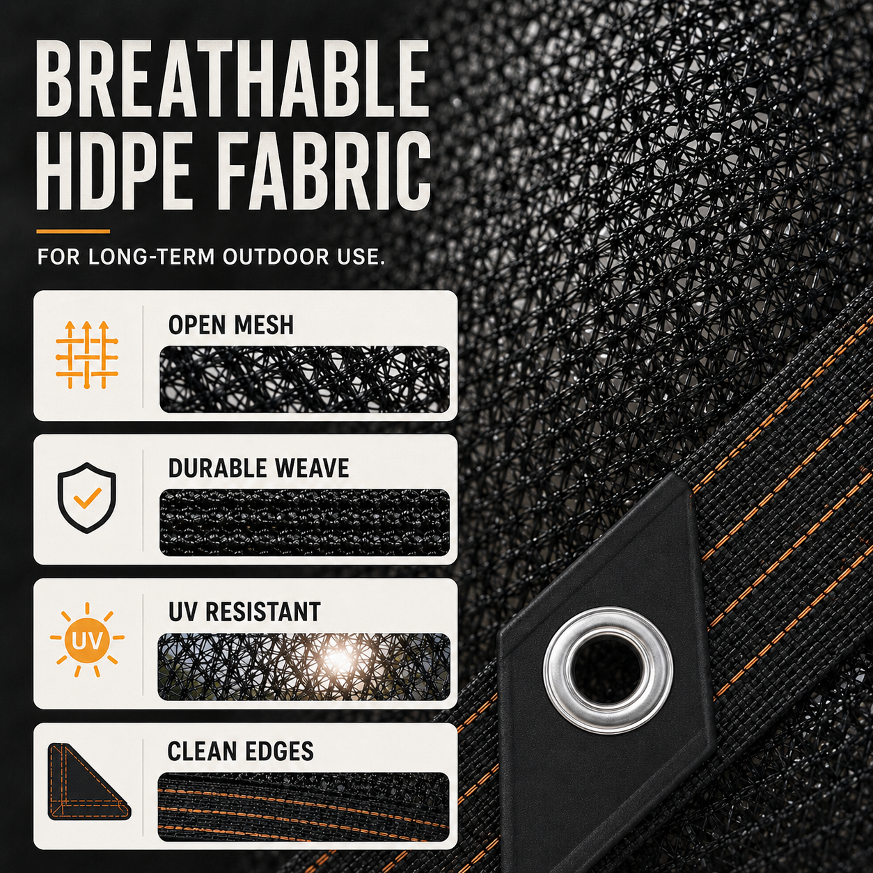 Elsie Heavy Duty Shade Cloth - Reinforced Taped Edges with Metal Grommets, Black