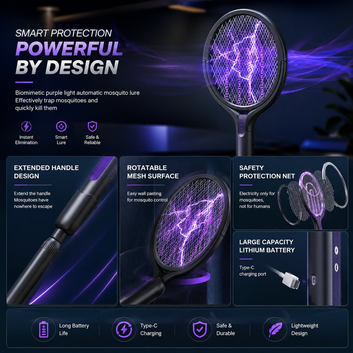 Elsie Telescopic Electric Fly Swatter - Rechargeable Insect and Mosquito Zapper Racket