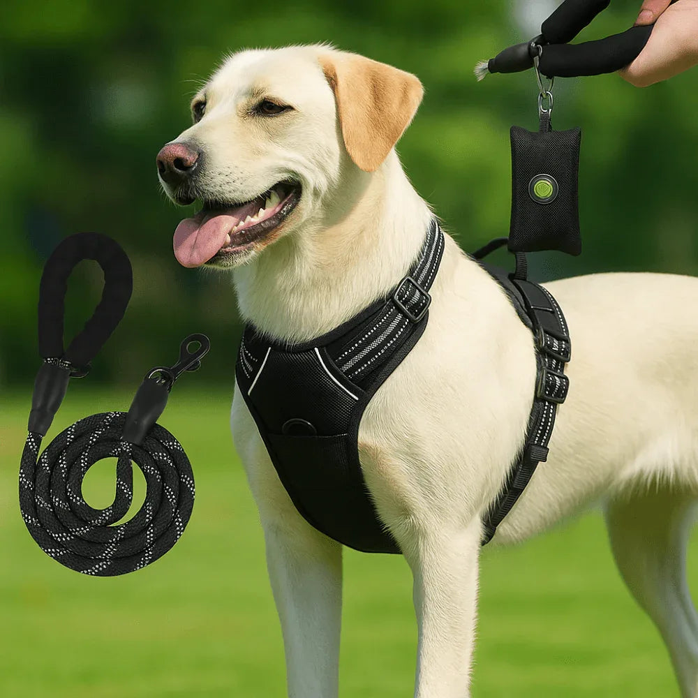 Harnais anti-évasion chien + laisse et distributeur – réglable et réfléchissant
