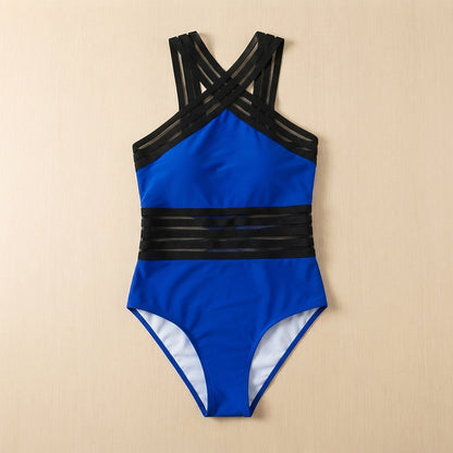 Women's one-piece swimsuit - Strappy halter design with sheer waist panels