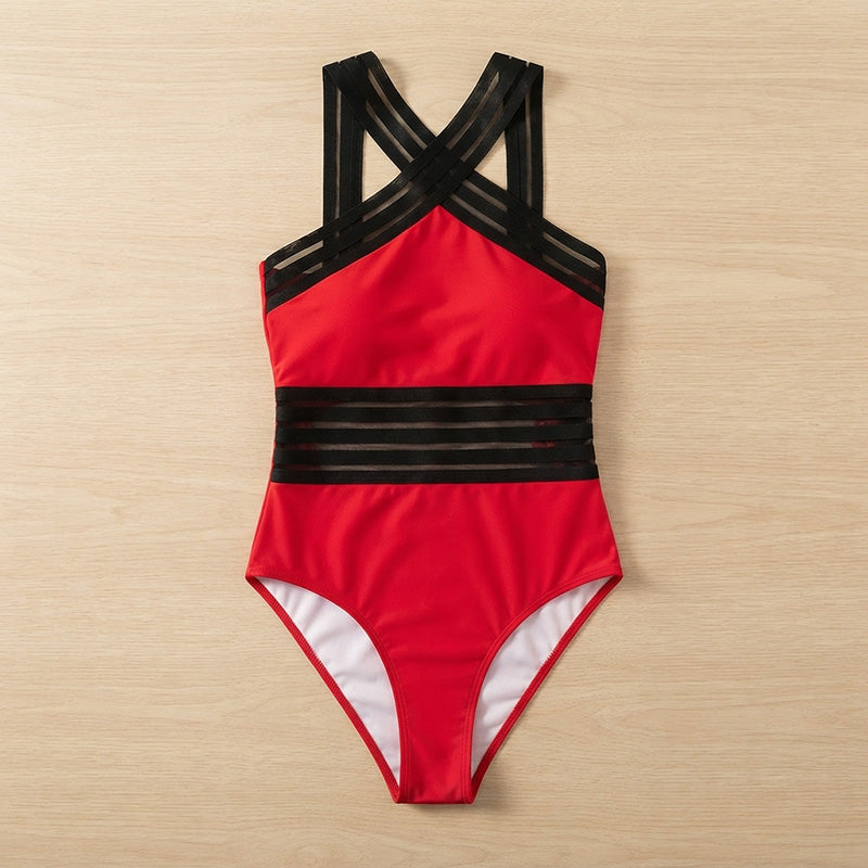 Women's one-piece swimsuit - Strappy halter design with sheer waist panels