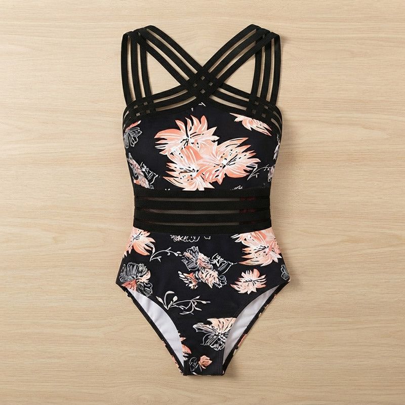Women's one-piece swimsuit - Strappy halter design with sheer waist panels
