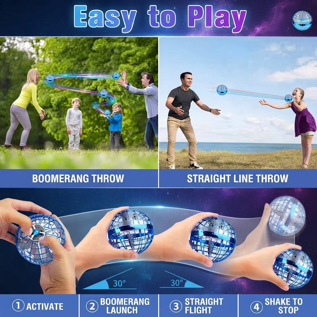 Flying boomerang hover ball - Motion control LED toy for indoor and outdoor fun