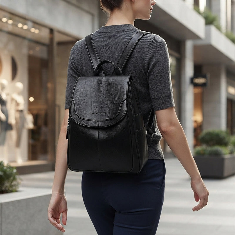 Women's anti-theft leather backpack - Embossed finish, organised and secure