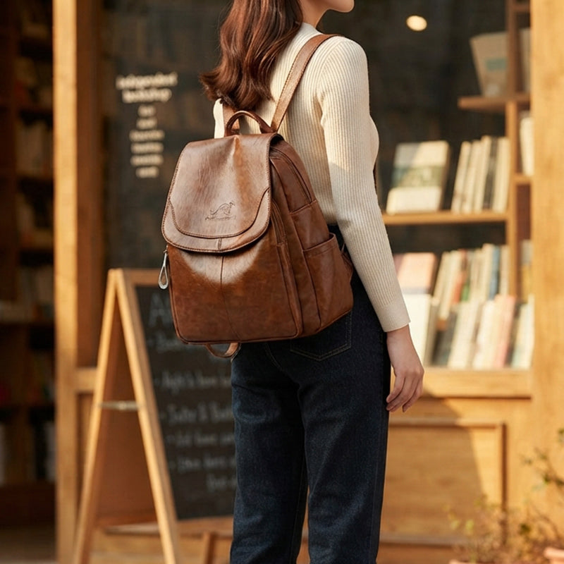 Women's anti-theft leather backpack - Embossed finish, organised and secure