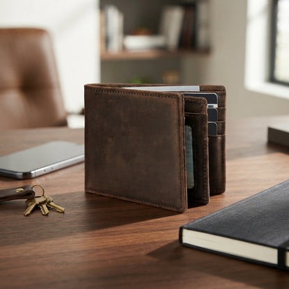 Men's genuine leather wallet - RFID blocking, slim bifold design
