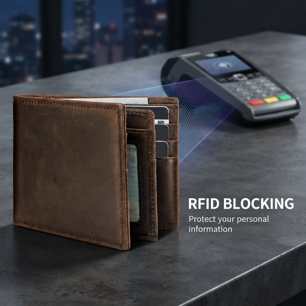 Men's genuine leather wallet - RFID blocking, slim bifold design
